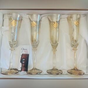 FRANCO Creazioni Amber Crystal Champagne Glasses w/ Gold Tiles (Italy) Set of 4